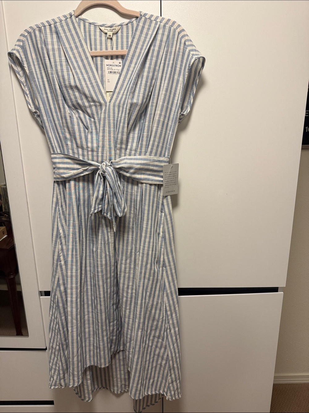 Nordstrom Light Blue and White Vertical-Stripe Tie-Waist Midi Dress